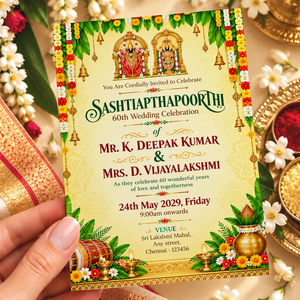 Ornate Hindu 60th Wedding Anniversary Invitation | Sashtiapthapoorthi