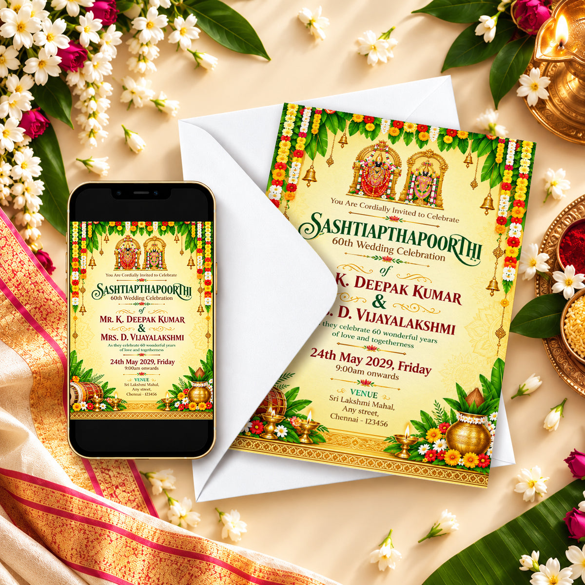 Ornate Hindu 60th Wedding Anniversary Invitation | Sashtiapthapoorthi