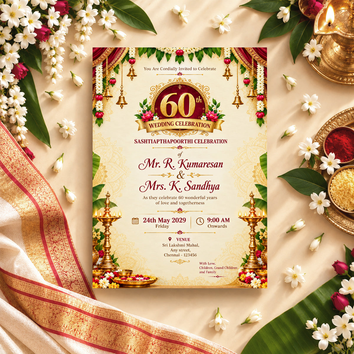 Ornate Indian 60th Wedding Anniversary Invitation | Sashtiapthapoorthi