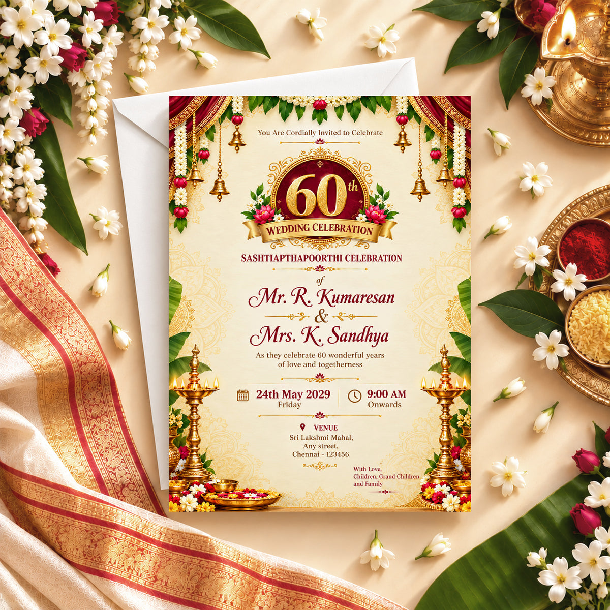 Ornate Indian 60th Wedding Anniversary Invitation | Sashtiapthapoorthi
