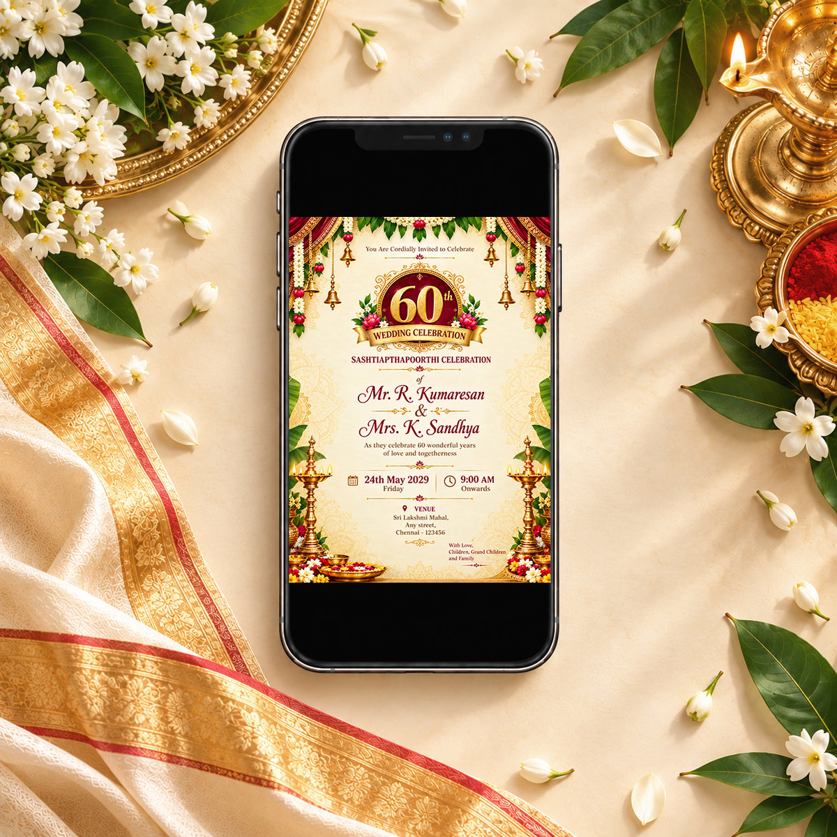 Ornate Indian 60th Wedding Anniversary Invitation | Sashtiapthapoorthi