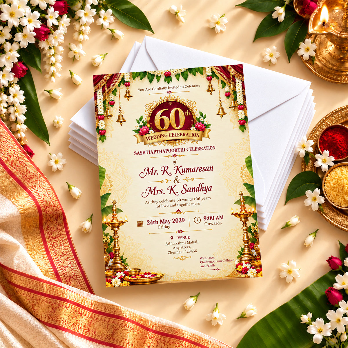 Ornate Indian 60th Wedding Anniversary Invitation | Sashtiapthapoorthi