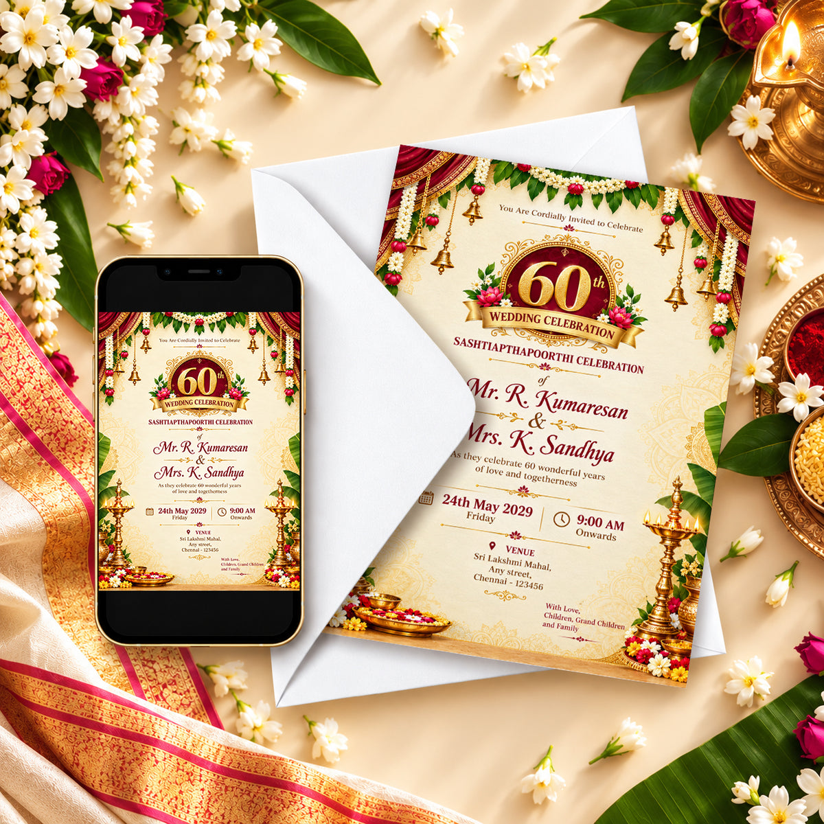 Ornate Indian 60th Wedding Anniversary Invitation | Sashtiapthapoorthi