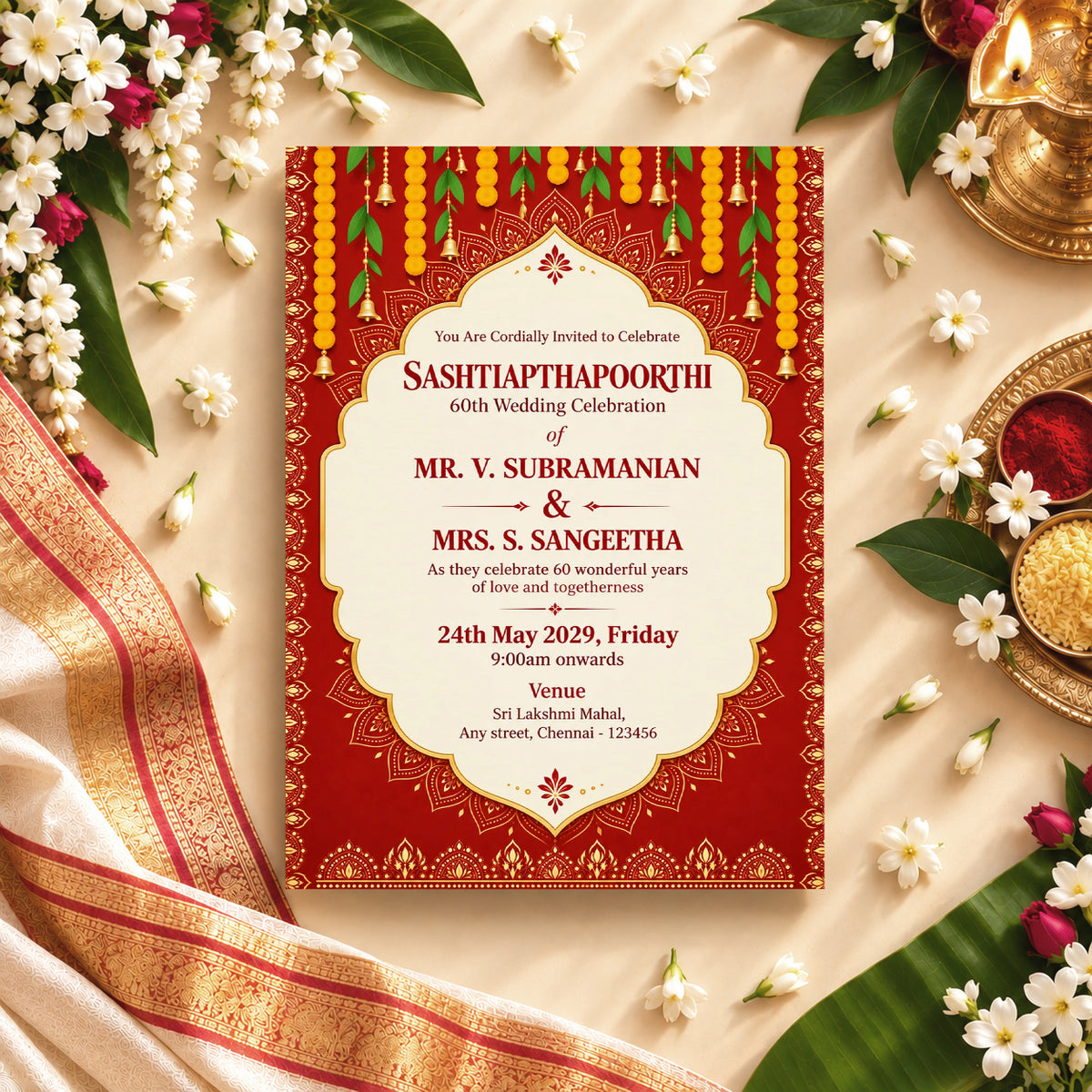 Ornate Maroon 60th Wedding Invitation | Digital & Printed