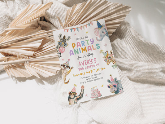 Party Animals Birthday Invitation Template, Printable Invitation, Girl Birthday, Evite, Digital Invite,  - 0705
