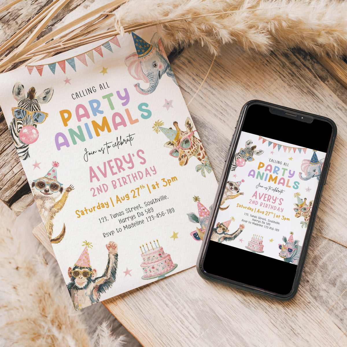 Party Animals Birthday Invitation Template, Printable Invitation, Girl Birthday, Evite, Digital Invite,  - 0705