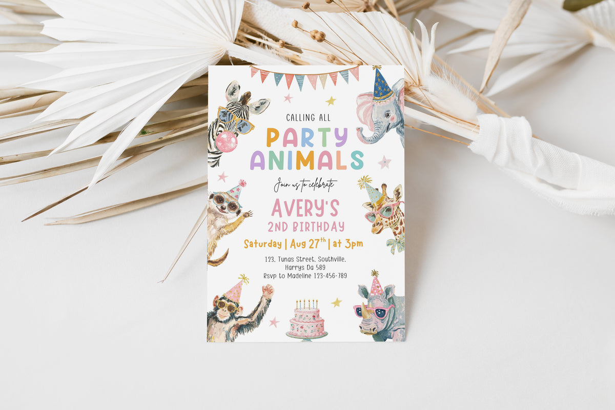 Party Animals Birthday Invitation Template, Printable Invitation, Girl Birthday, Evite, Digital Invite,  - 0705
