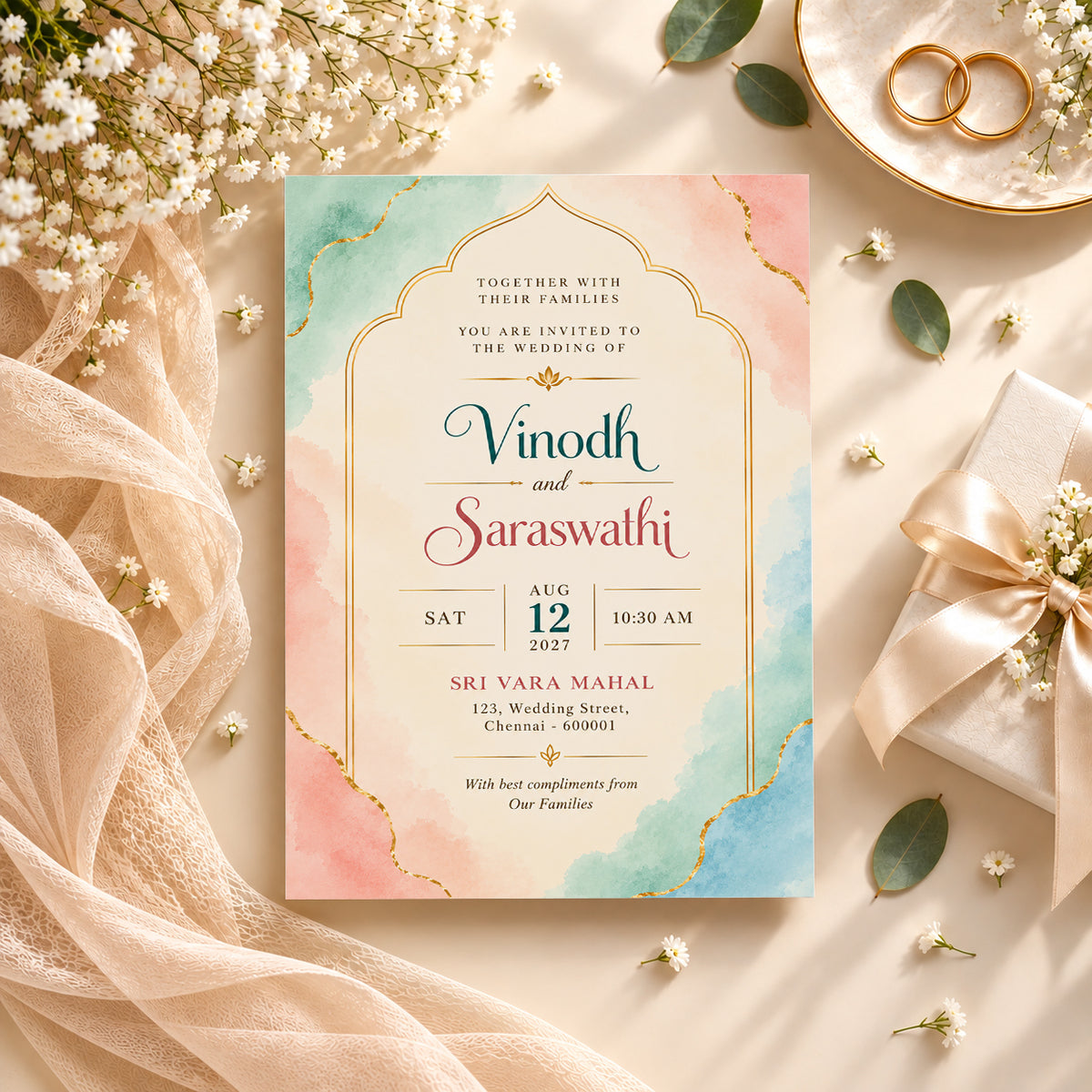 Pastel Watercolor Indian Wedding Invitation Card