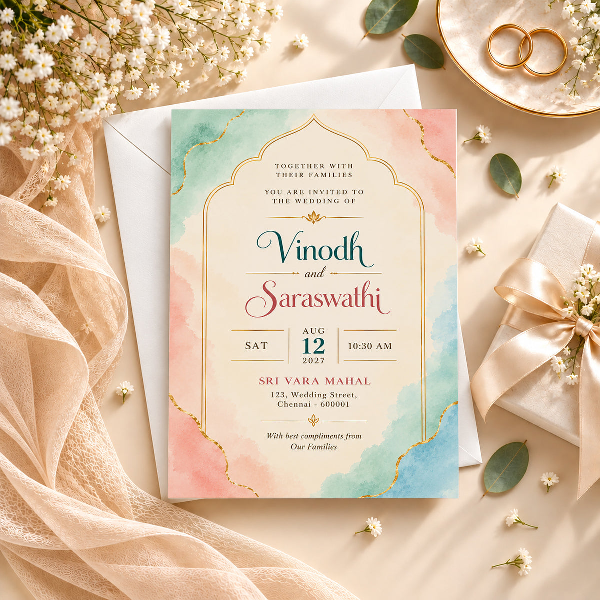 Pastel Watercolor Indian Wedding Invitation Card