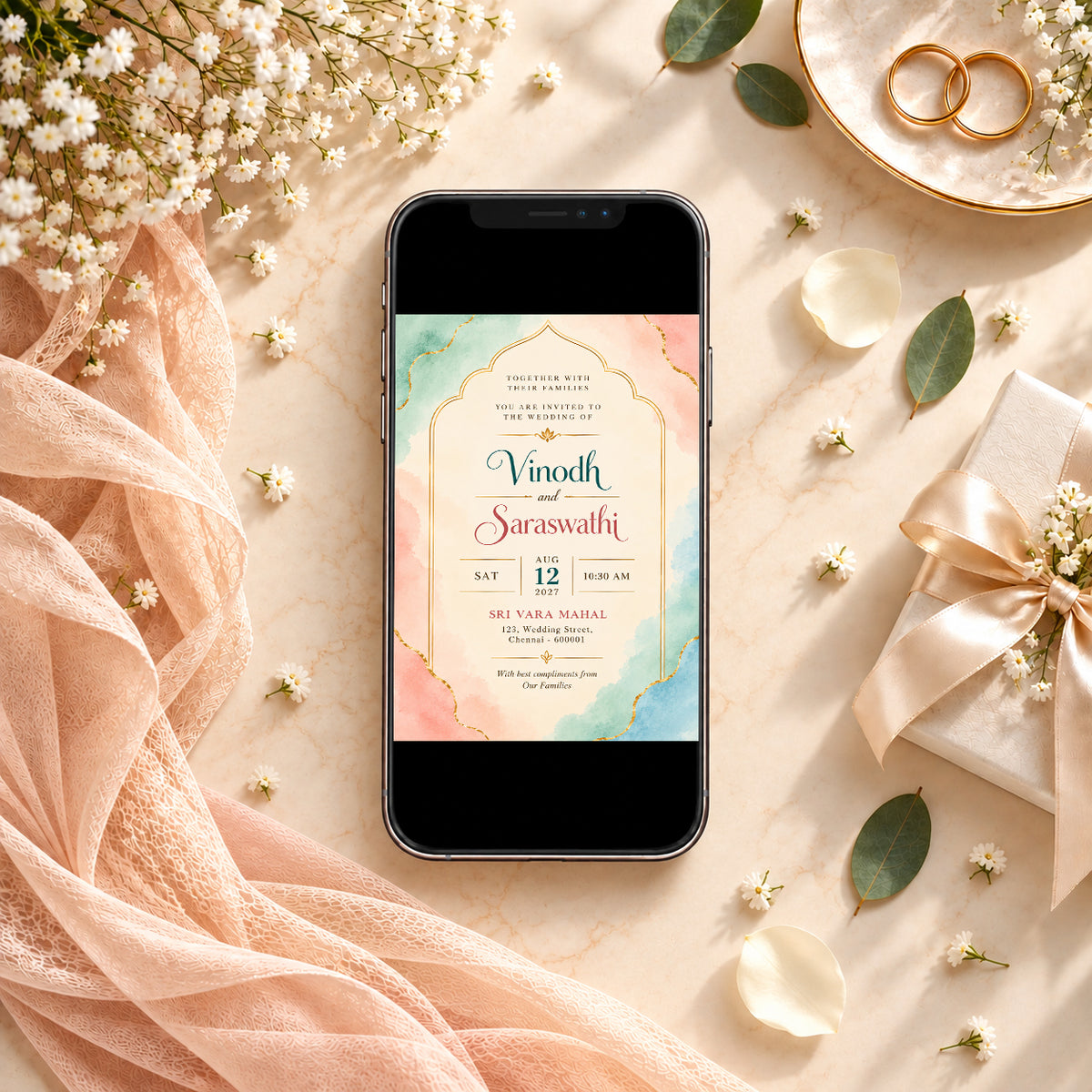 Pastel Watercolor Indian Wedding Invitation Card