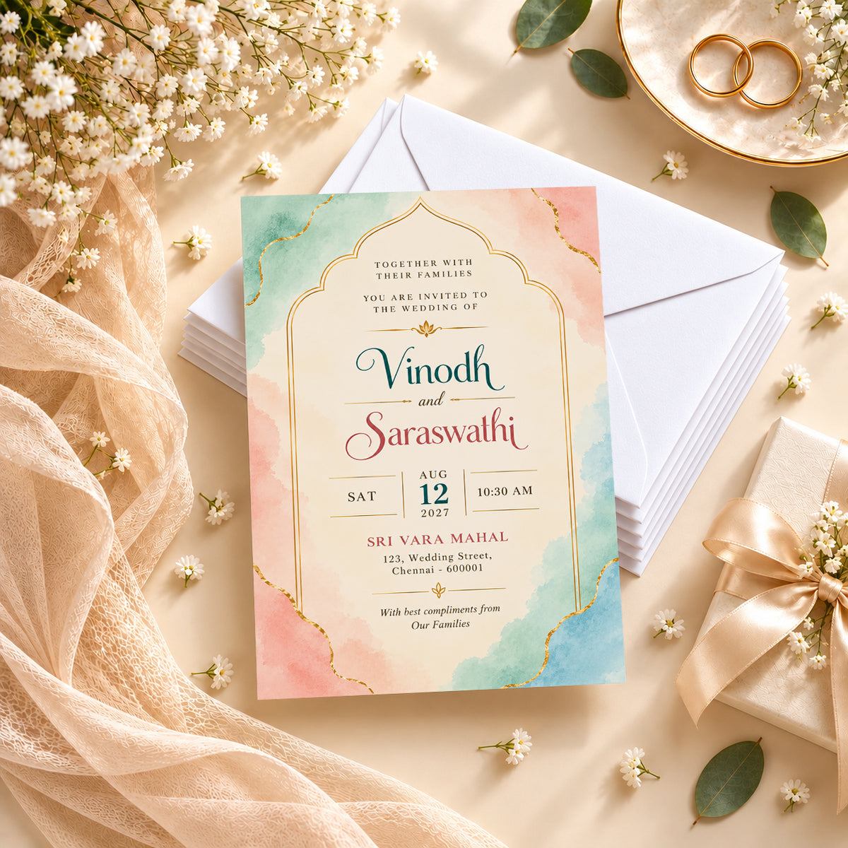 Pastel Watercolor Indian Wedding Invitation Card