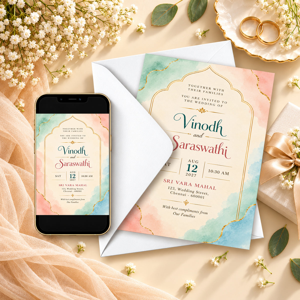 Pastel Watercolor Indian Wedding Invitation Card