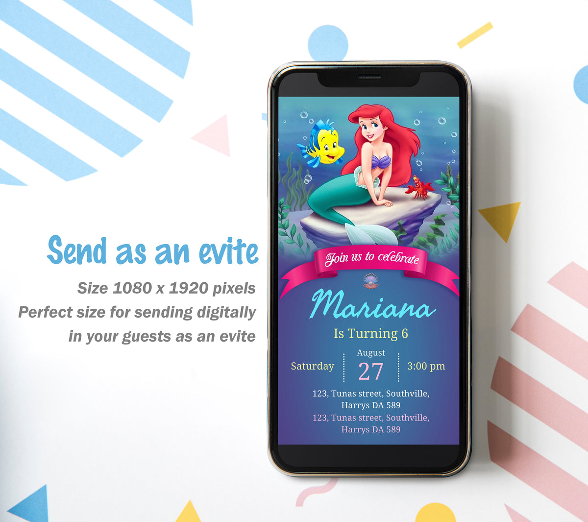 Mermaid Birthday Invitation Template, Girl Birthday, Evite, Digital Invite, 0146