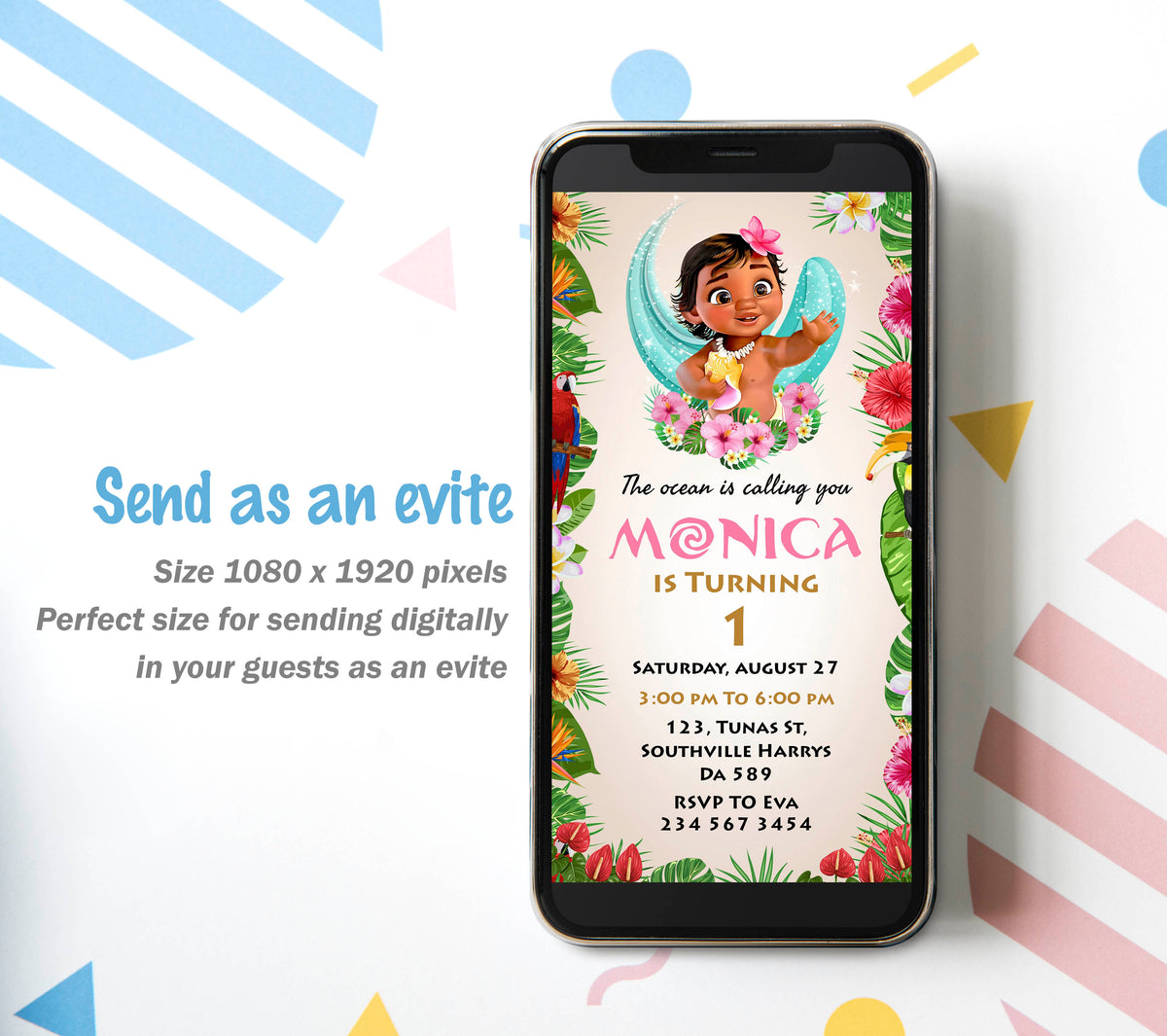 Baby Moana Birthday Invitation Template, Girl Birthday, Evite, Digital Invite, 0136