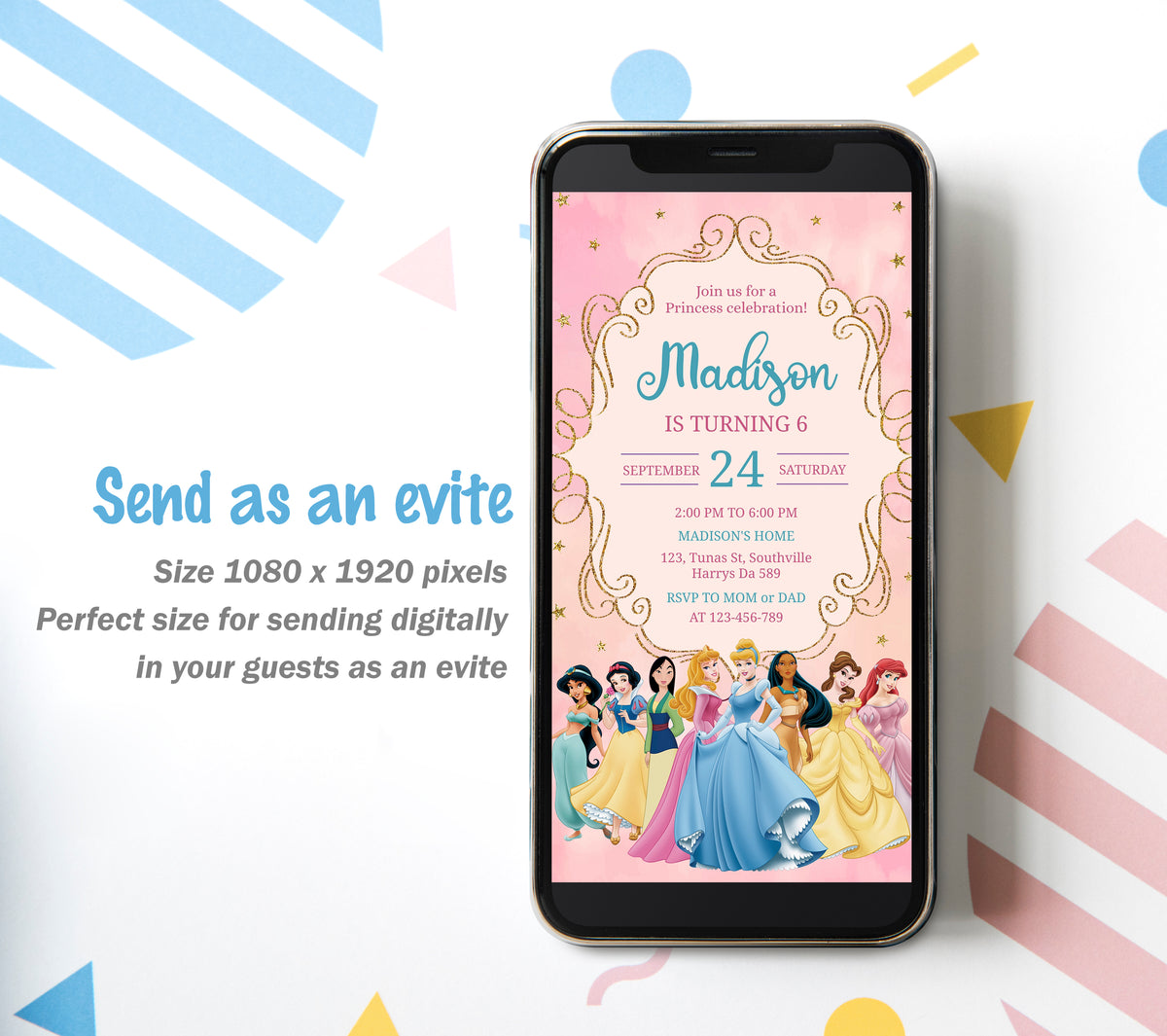 Princess Birthday Invitation Template, Girl Birthday, Evite, Digital Invite, 0125
