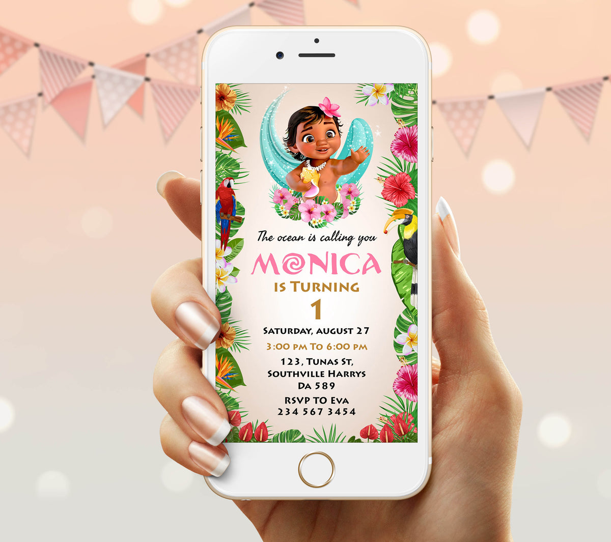 Baby Moana Birthday Invitation Template, Girl Birthday, Evite, Digital Invite, 0136