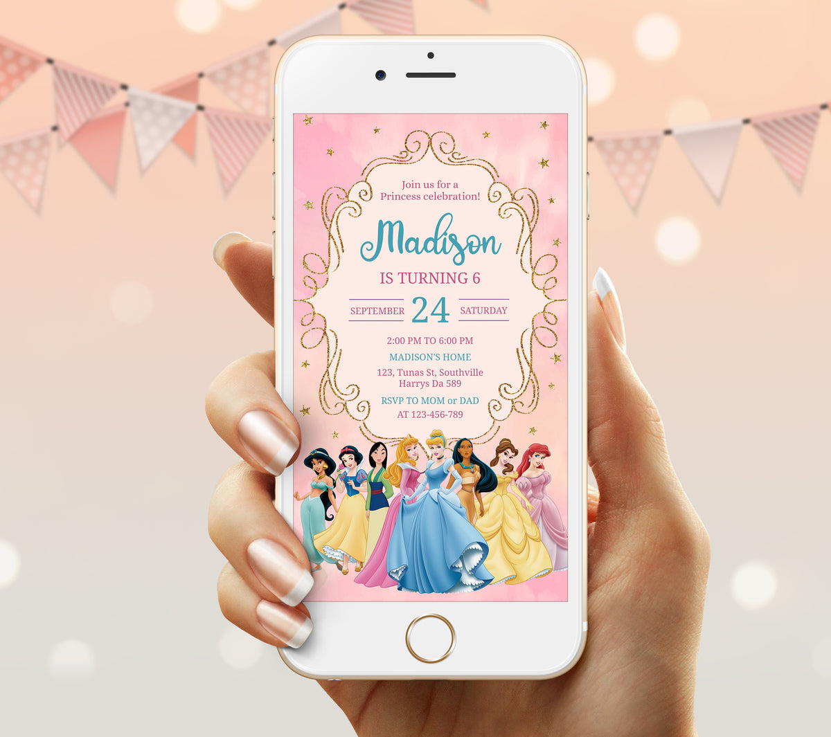 Princess Birthday Invitation Template, Girl Birthday, Evite, Digital Invite, 0125