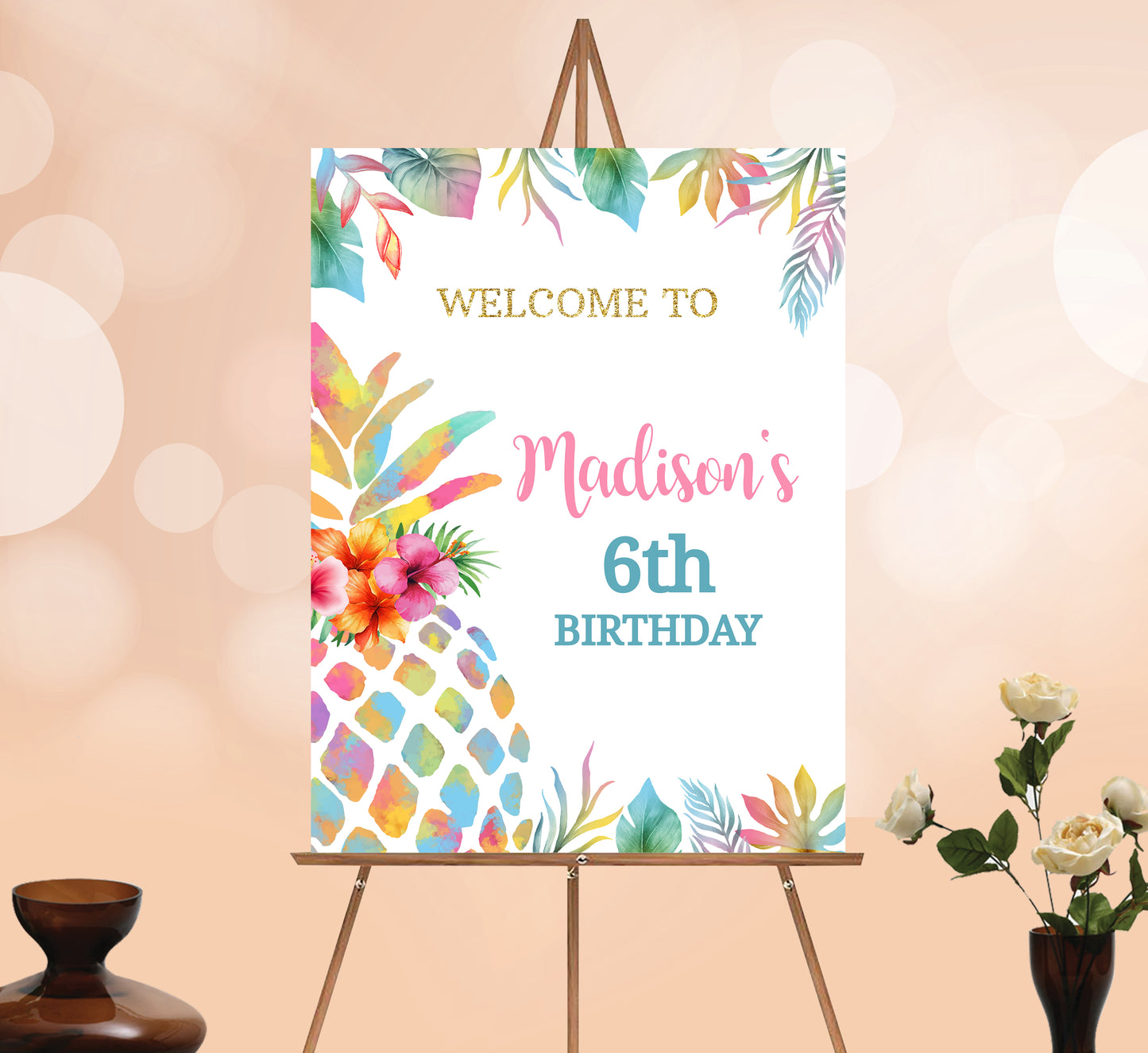 Pineapple Welcome Sign, Printable Sign Board, Girl Birthday, Digital Download, Edit yourself, Corjl 0173