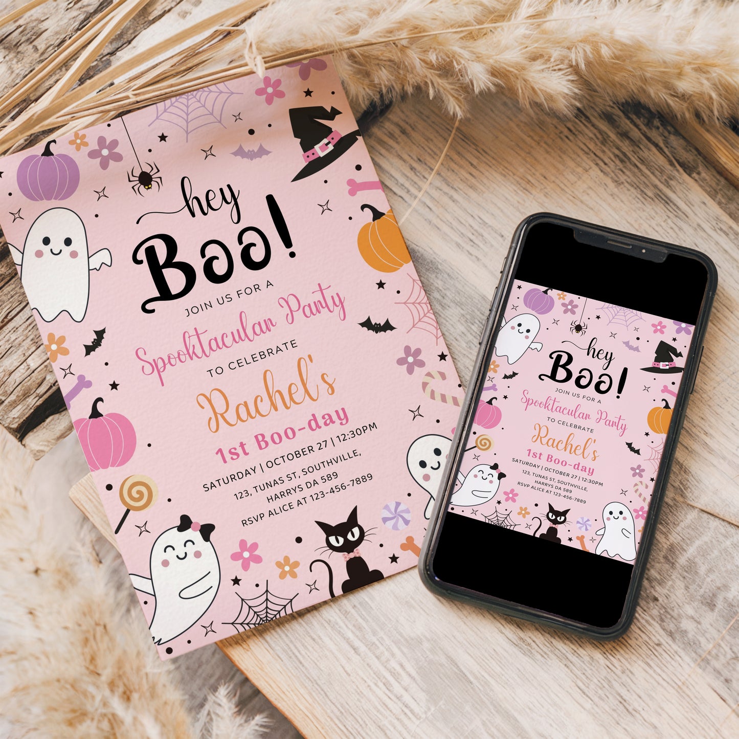 Halloween Pink Ghost Birthday Invitation Hey Boo Ghost Party Spooktacular Halloween Party Girly Cute Editable Printable Download 0371