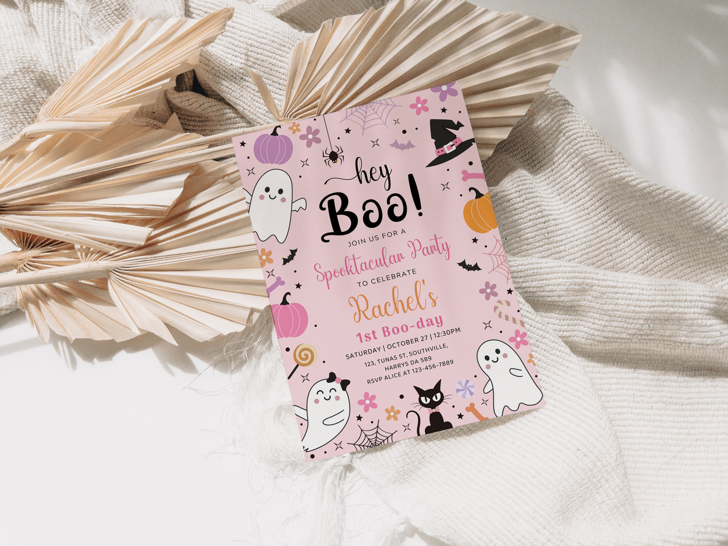 Halloween Pink Ghost Birthday Invitation Hey Boo Ghost Party Spooktacular Halloween Party Girly Cute Editable Printable Download 0371
