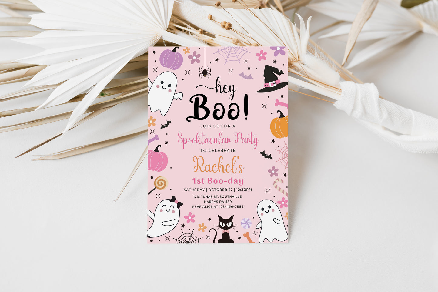 Halloween Pink Ghost Birthday Invitation Hey Boo Ghost Party Spooktacular Halloween Party Girly Cute Editable Printable Download 0371