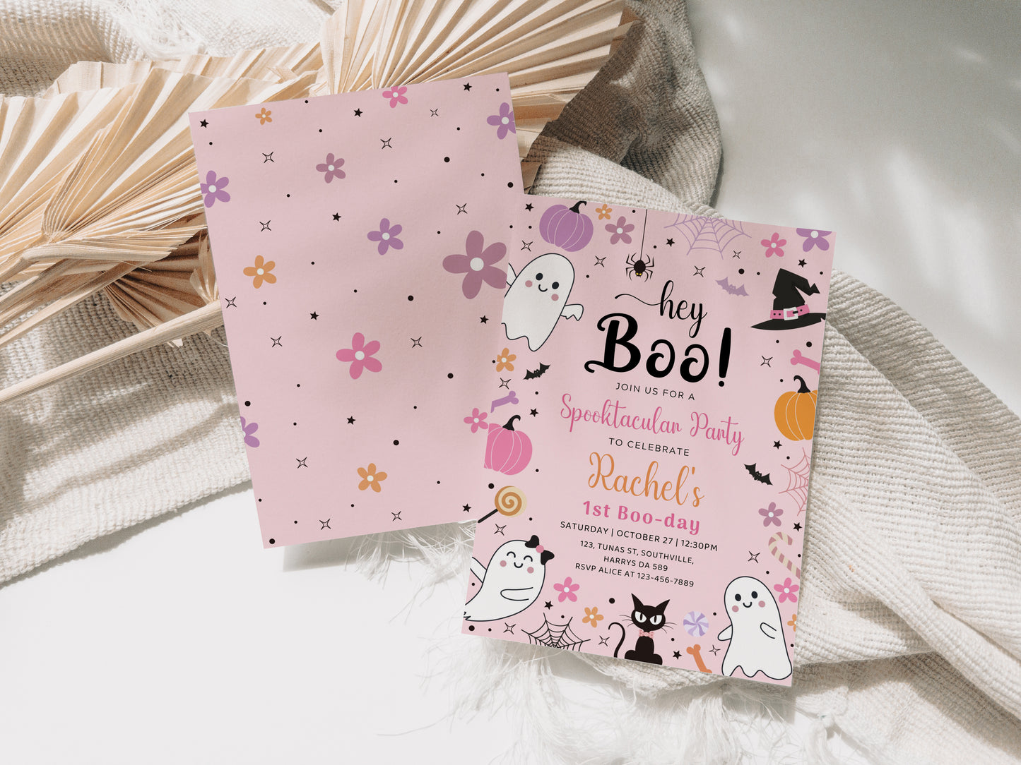 Halloween Pink Ghost Birthday Invitation Hey Boo Ghost Party Spooktacular Halloween Party Girly Cute Editable Printable Download 0371