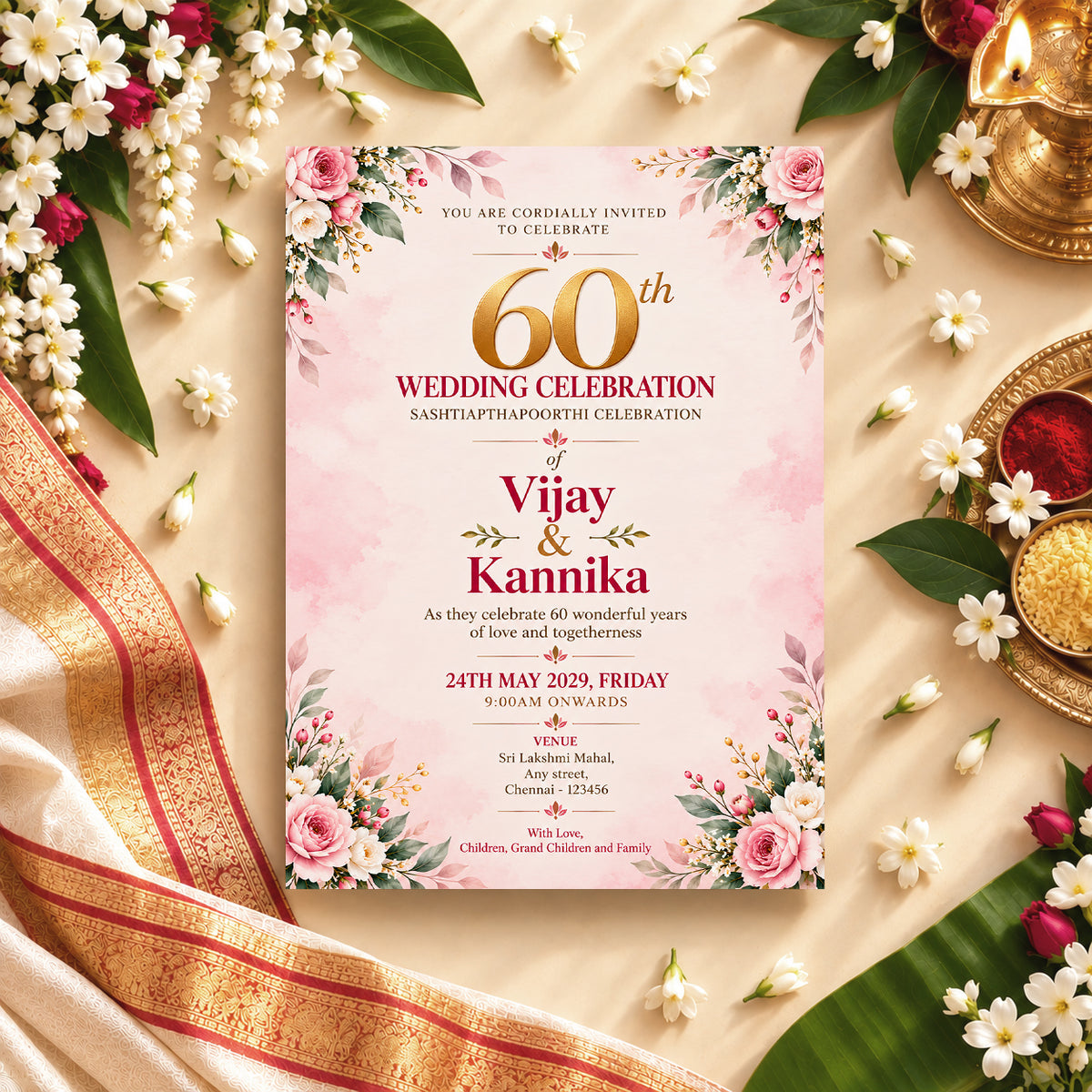 Pink 60th Wedding Anniversary Invitation | Sashtiapthapoorthi