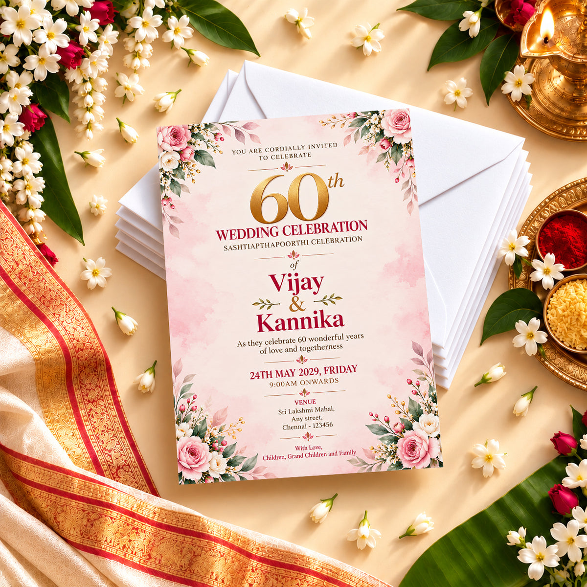 Pink 60th Wedding Anniversary Invitation | Sashtiapthapoorthi