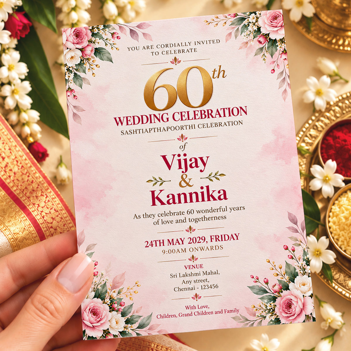 Pink 60th Wedding Anniversary Invitation | Sashtiapthapoorthi