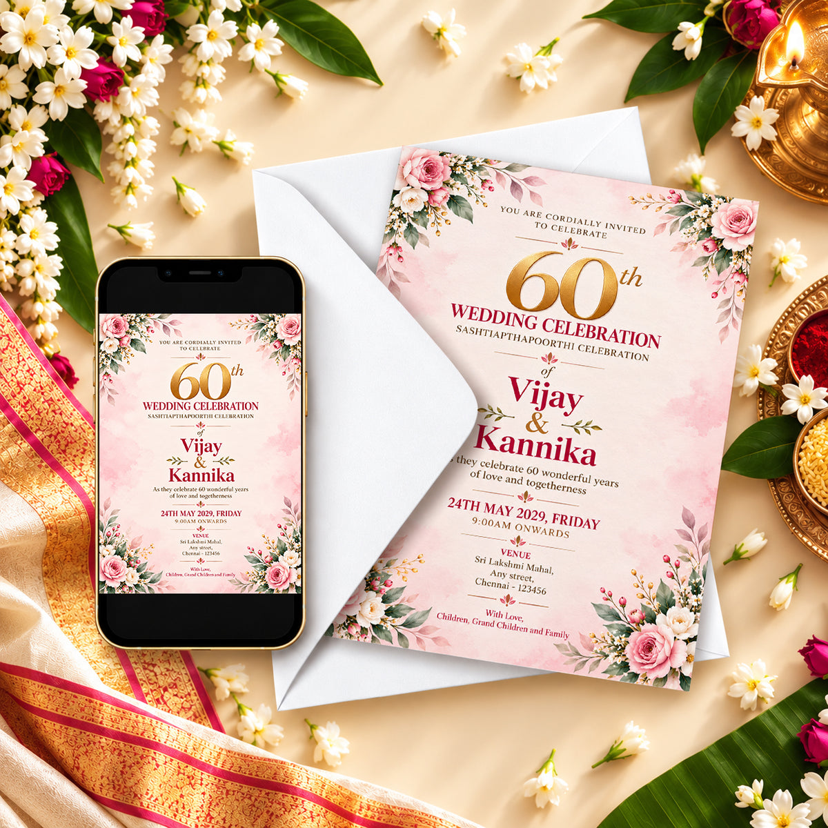 Pink 60th Wedding Anniversary Invitation | Sashtiapthapoorthi
