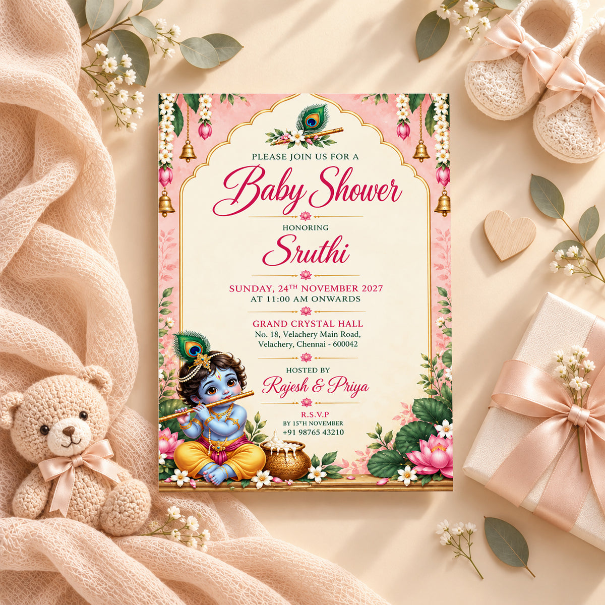 Pink Little Krishna Baby Shower Invitation | Digital & Printed