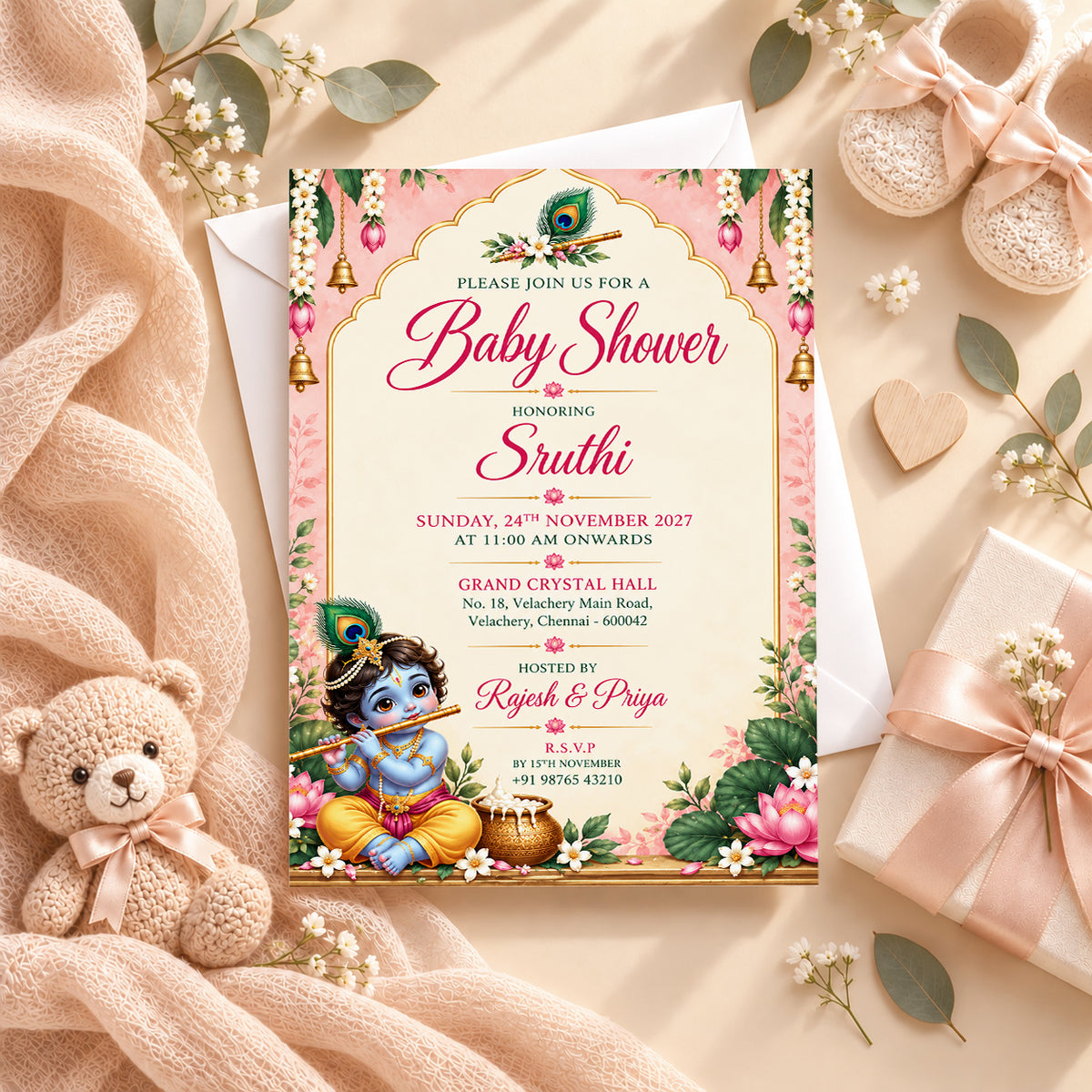 Pink Little Krishna Baby Shower Invitation | Digital & Printed