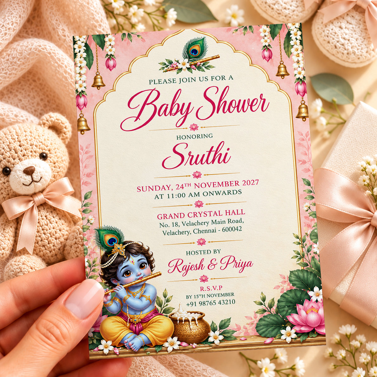 Pink Little Krishna Baby Shower Invitation | Digital & Printed