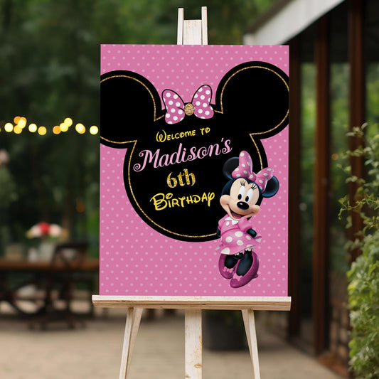 Pink Minnie Birthday Welcome Sign, Printable Sign Board, Girl Birthday, Digital Download, Edit yourself, Corjl 0147