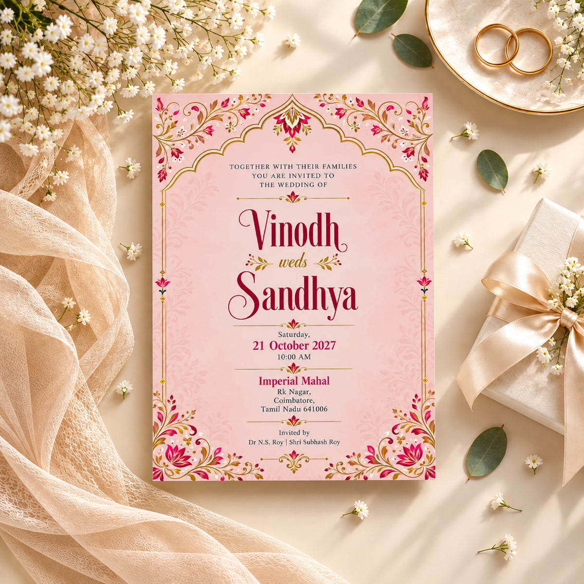 Pink and Gold Wedding Invitation Card | Elegant Indian Wedding Design