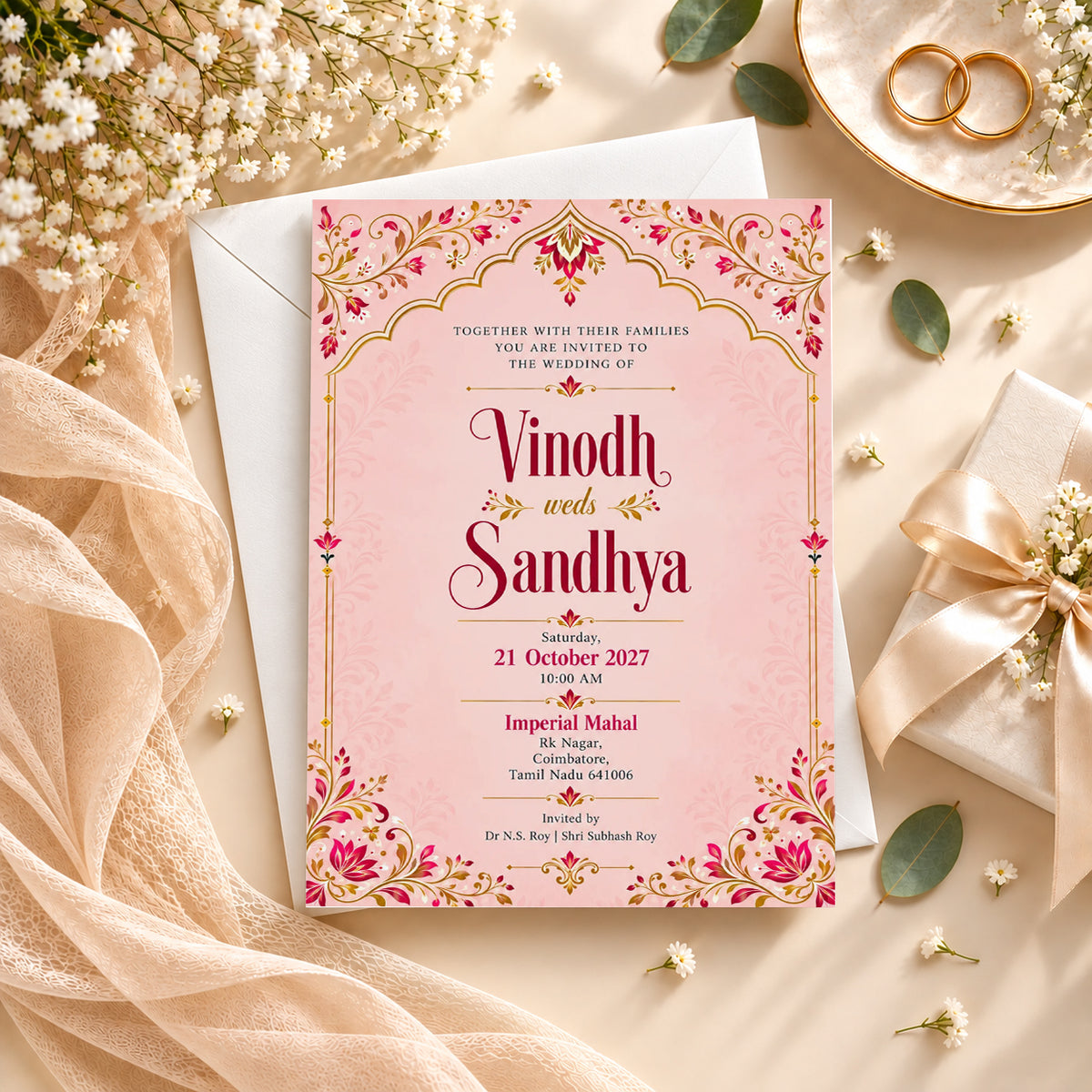Pink and Gold Wedding Invitation Card | Elegant Indian Wedding Design