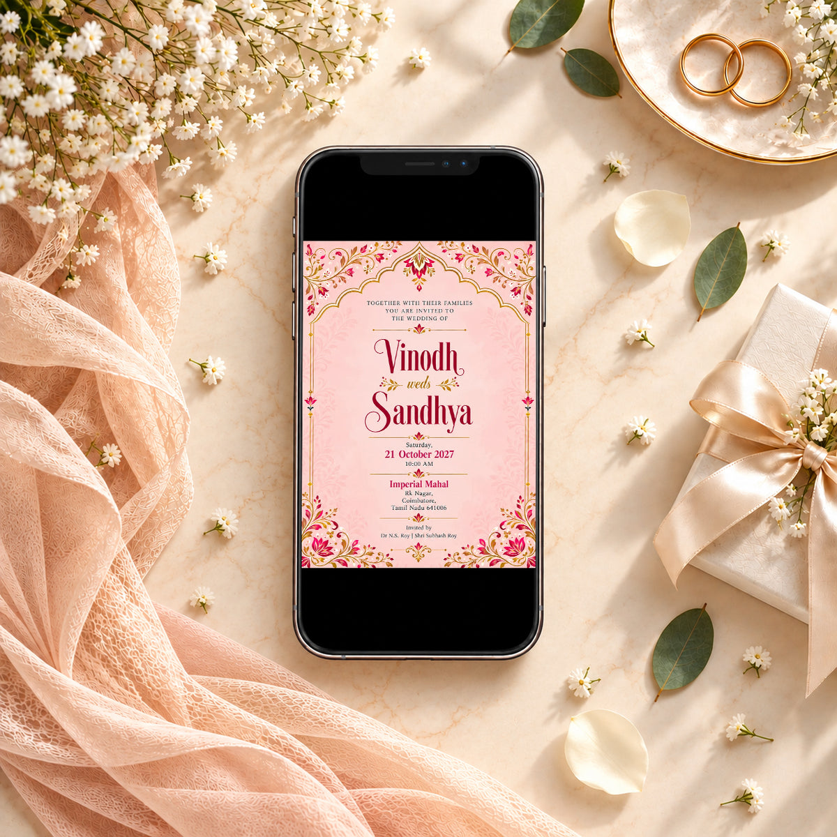 Pink and Gold Wedding Invitation Card | Elegant Indian Wedding Design