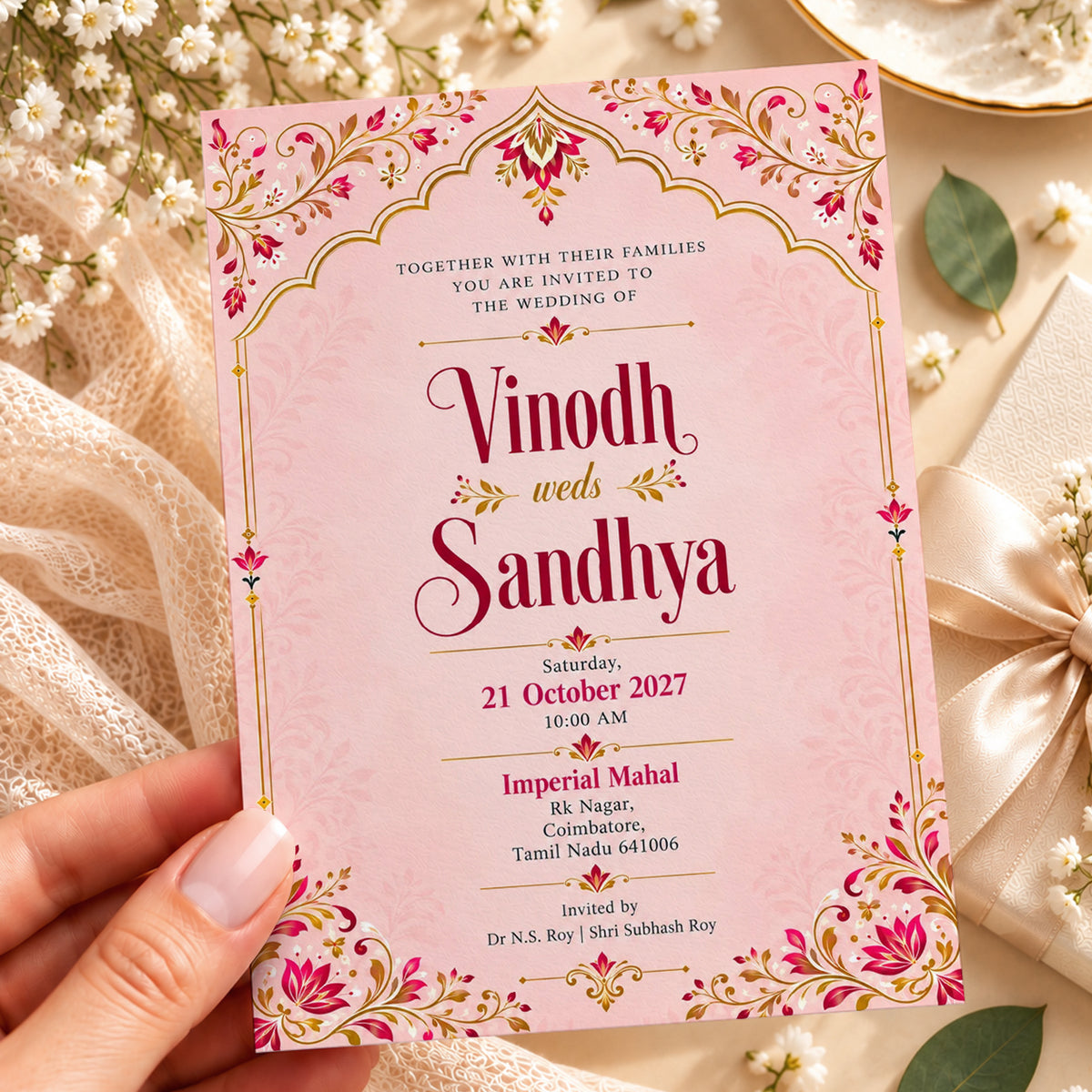 Pink and Gold Wedding Invitation Card | Elegant Indian Wedding Design
