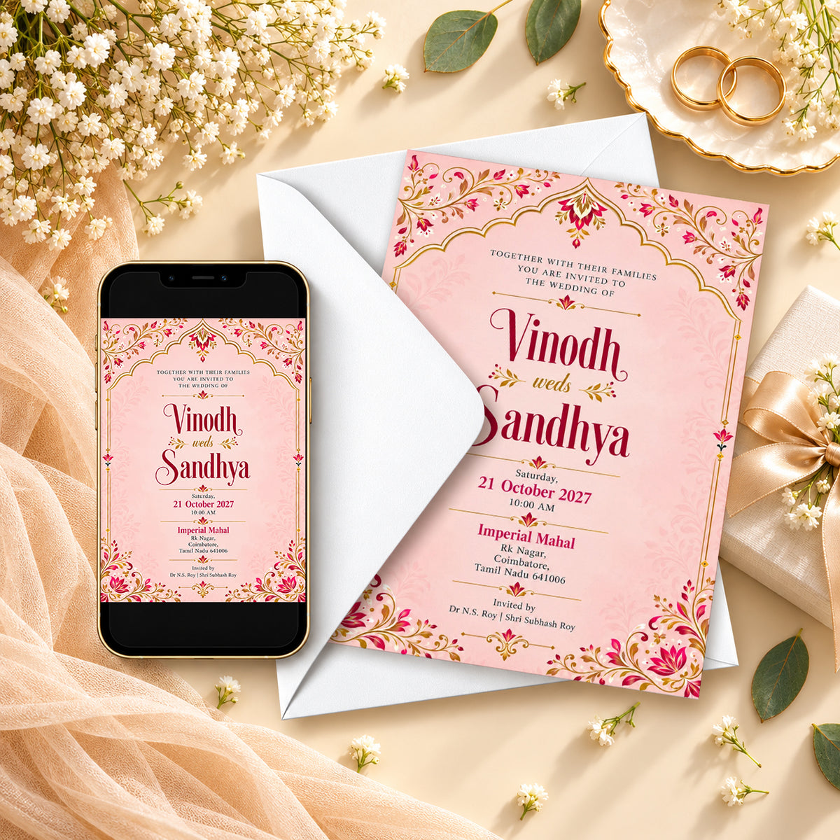 Pink and Gold Wedding Invitation Card | Elegant Indian Wedding Design