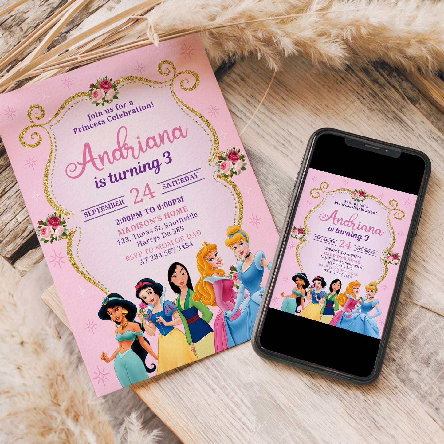 Princess Birthday Invitation Template, Printable Invitation, Girl Birthday, Evite, Digital Invite, - 0020