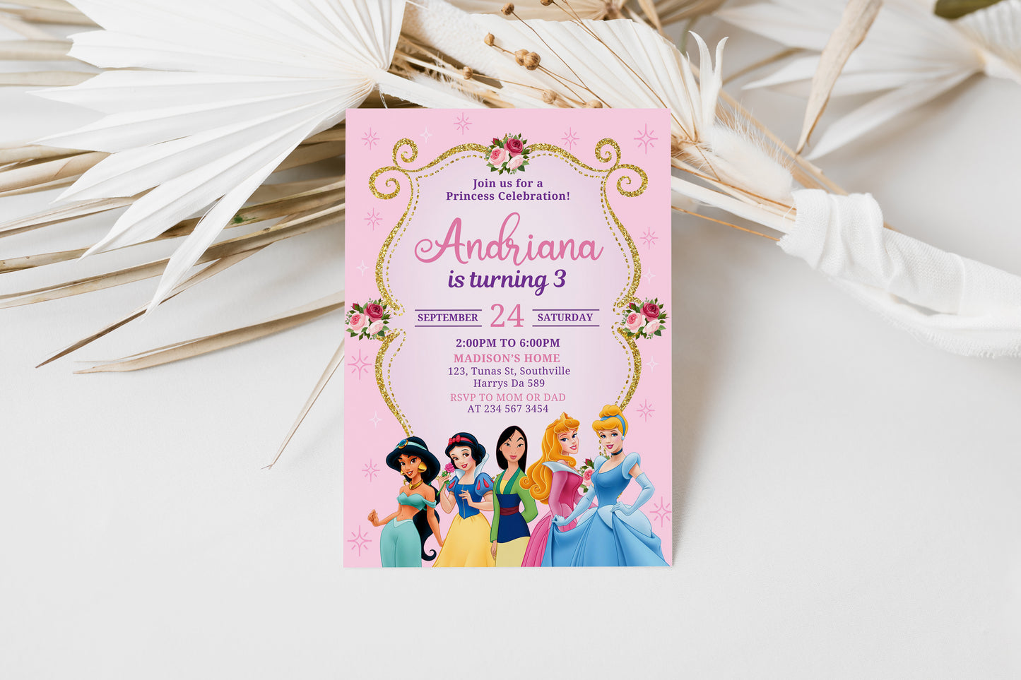 Princess Birthday Invitation Template, Printable Invitation, Girl Birthday, Evite, Digital Invite, - 0020