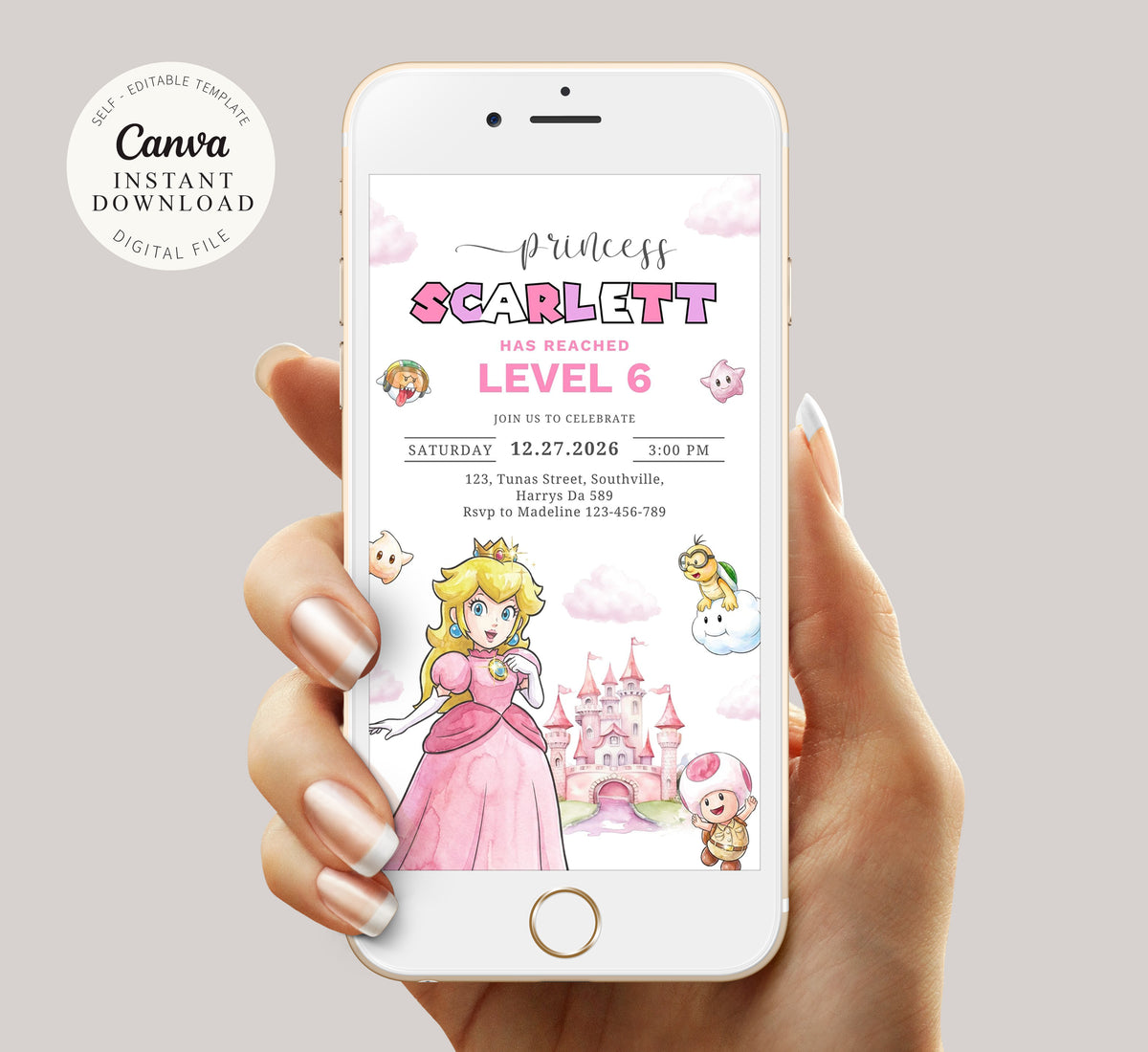 Princess Peach Birthday Invitation Template, Girl Birthday, Princess Peach Evite, Digital Invite, 0710