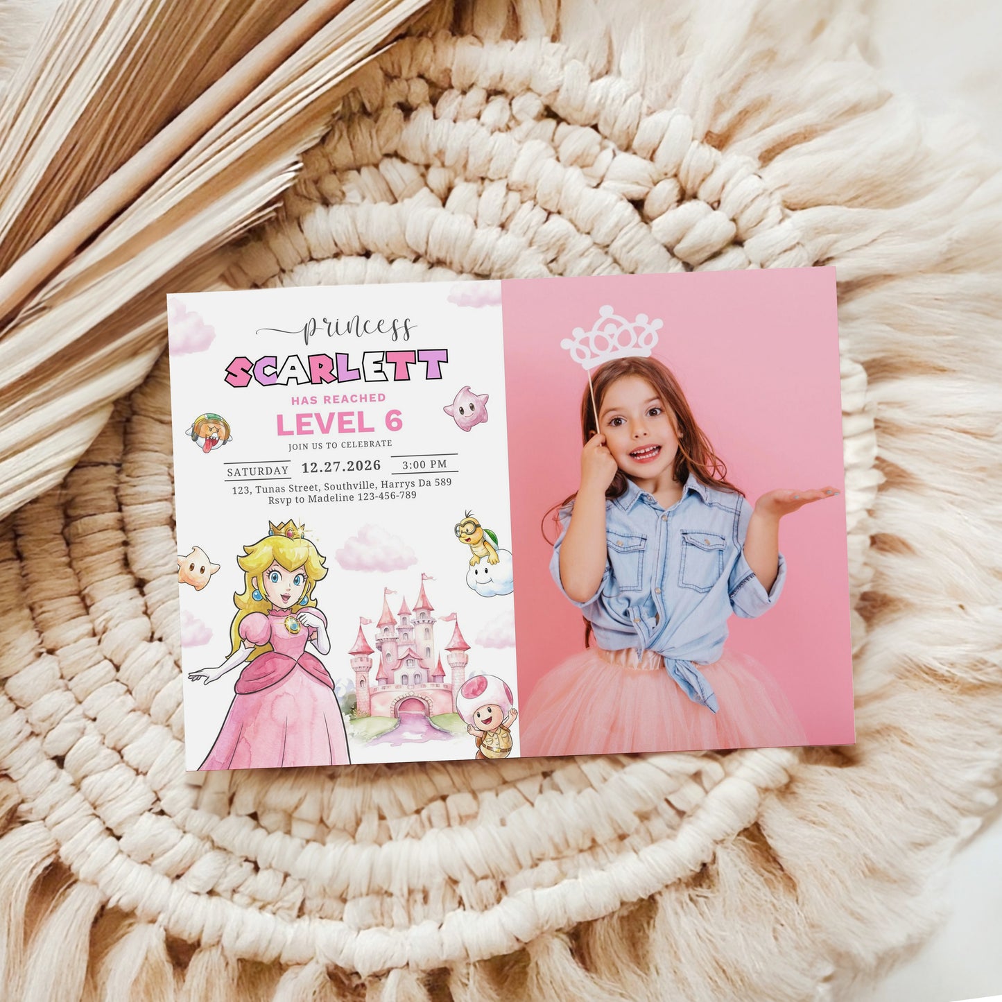 Princess Peach Photo Birthday Invitation Template, Printable Photo Invitation, Princess Peach Girl Birthday, Evite, Digital Invite 0710