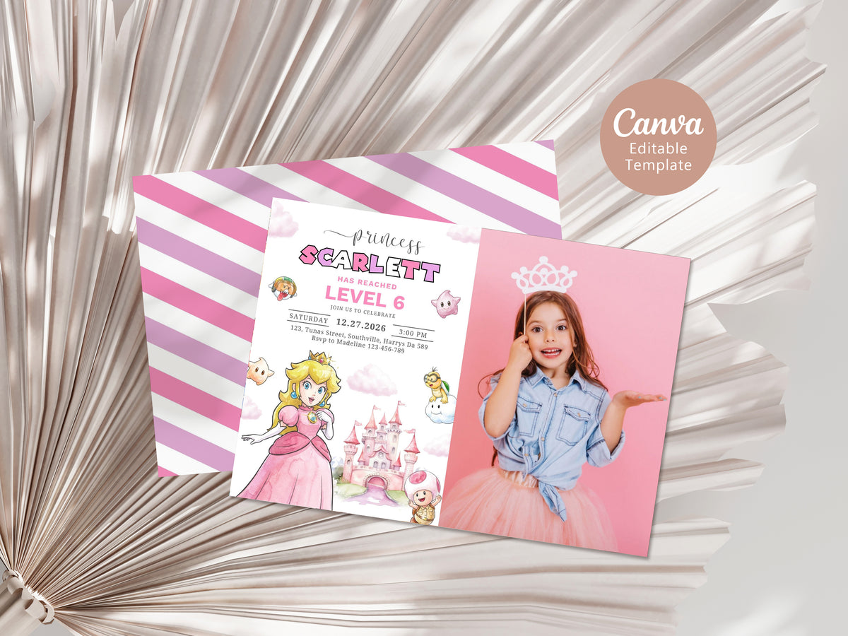 Princess Peach Photo Birthday Invitation Template, Printable Photo Invitation, Princess Peach Girl Birthday, Evite, Digital Invite 0710