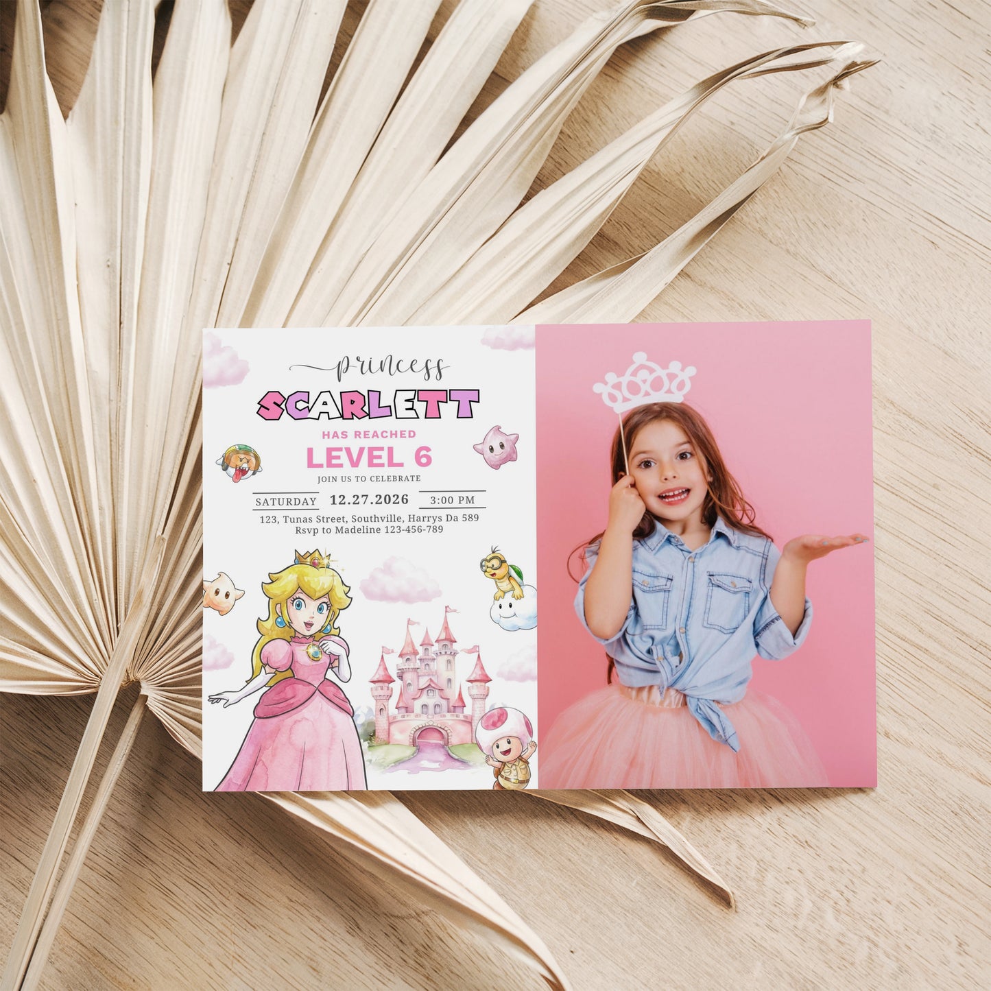 Princess Peach Photo Birthday Invitation Template, Printable Photo Invitation, Princess Peach Girl Birthday, Evite, Digital Invite 0710