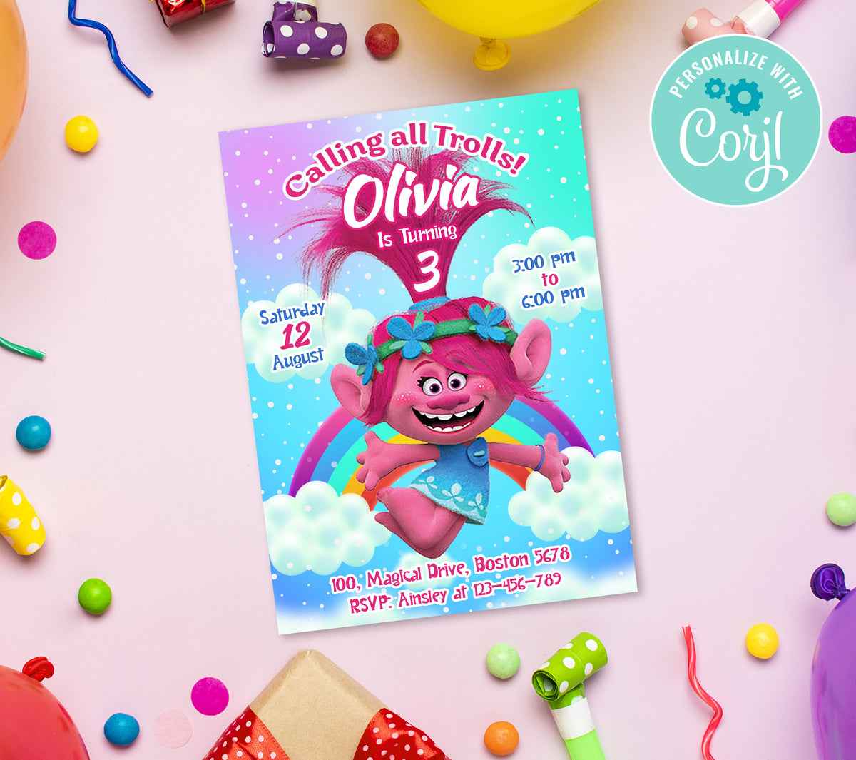 Trolls Birthday Invitation Template, Printable Invitation, Girl Birthday, Evite, Digital Invite, 0006
