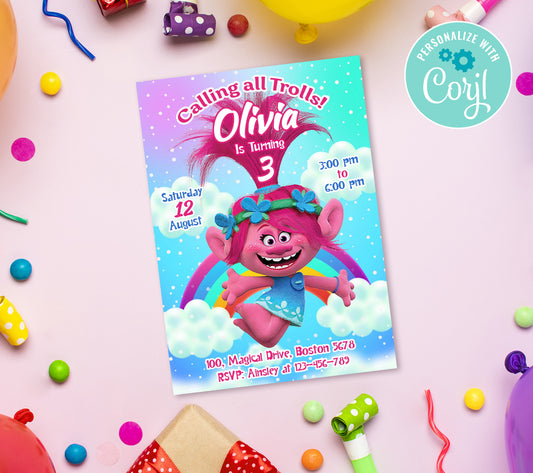 Trolls Birthday Invitation Template, Printable Invitation, Girl Birthday, Evite, Digital Invite, 0006
