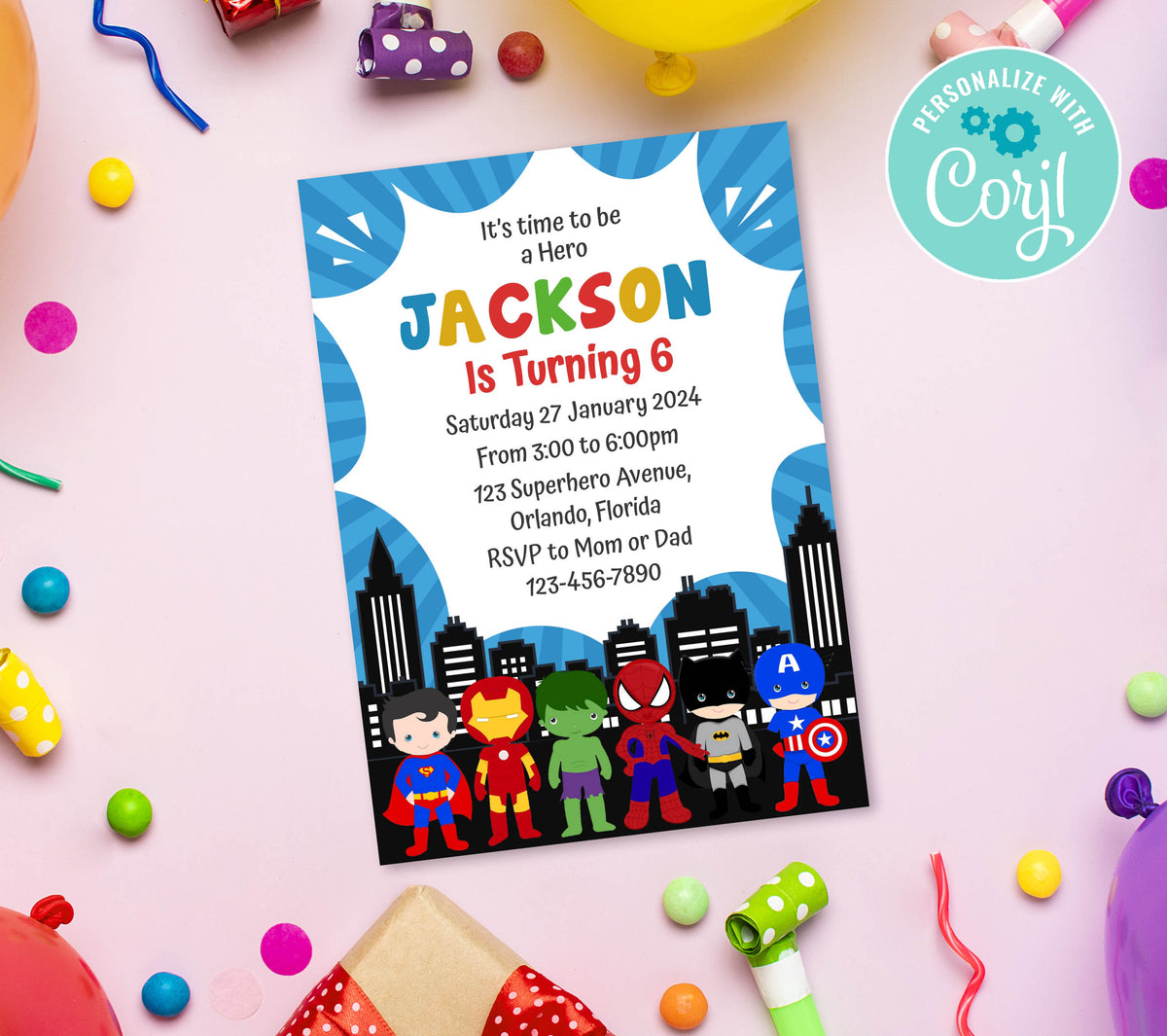 Superhero Birthday Invitation Template, Printable Invitation, Boy Birthday, Evite, Digital Invite,  0127