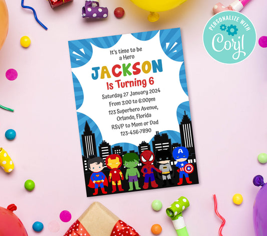 Superhero Birthday Invitation Template, Printable Invitation, Boy Birthday, Evite, Digital Invite,  0127