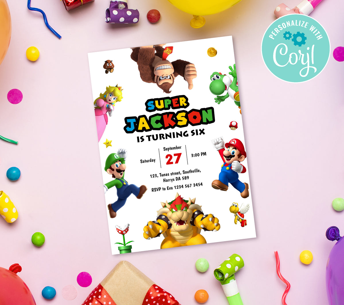 Super Mario Birthday Invitation Template, Printable Invitation, Boy Birthday, Evite, Digital Invite,  0293